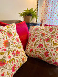 Hand Block Print Phoole Phoole Cotton Cushion Cover in Magenta, Mustard and Green
