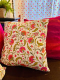 Hand Block Print Phoole Phoole Cotton Cushion Cover in Magenta, Mustard and Green