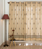 Solid Beige Pure Cotton Curtains with Mughal Hand Block Prints SINGLE piece