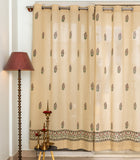 Solid Beige Pure Cotton Curtains with Mughal Hand Block Prints SINGLE piece