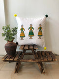 Hand Block Print Doll Print Cotton Cushion Cover (Mustard and Green)
