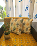 Hand Block Print Aztec Diamond Cushion Cover (Mustard and Indigo)