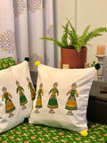 Hand Block Print Doll Print Cotton Cushion Cover (Mustard and Green)