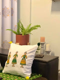 Hand Block Print Doll Print Cotton Cushion Cover (Mustard and Green)