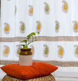 Hand Block Print Mustard & Green Paisley Print Cotton Curtain - Premium -SINGLE piece