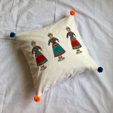 Hand Block Print Doll Print Cotton Cushion Cover in Turquoise and Orange