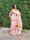 Saree -Kerala Kasavu Saree in Pink and Orange Peacock Print