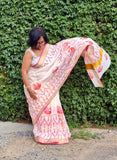 Saree -Kerala Kasavu Saree in Pink and Orange Peacock Print