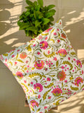 Hand Block Print Phoole Phoole Cotton Cushion Cover in Magenta, Mustard and Green