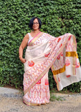 Saree -Kerala Kasavu Saree in Pink and Orange Peacock Print