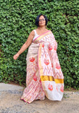 Saree -Kerala Kasavu Saree in Pink and Orange Peacock Print