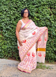 Saree -Kerala Kasavu Saree in Pink and Orange Peacock Print