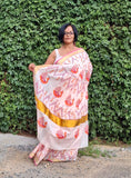 Saree -Kerala Kasavu Saree in Pink and Orange Peacock Print