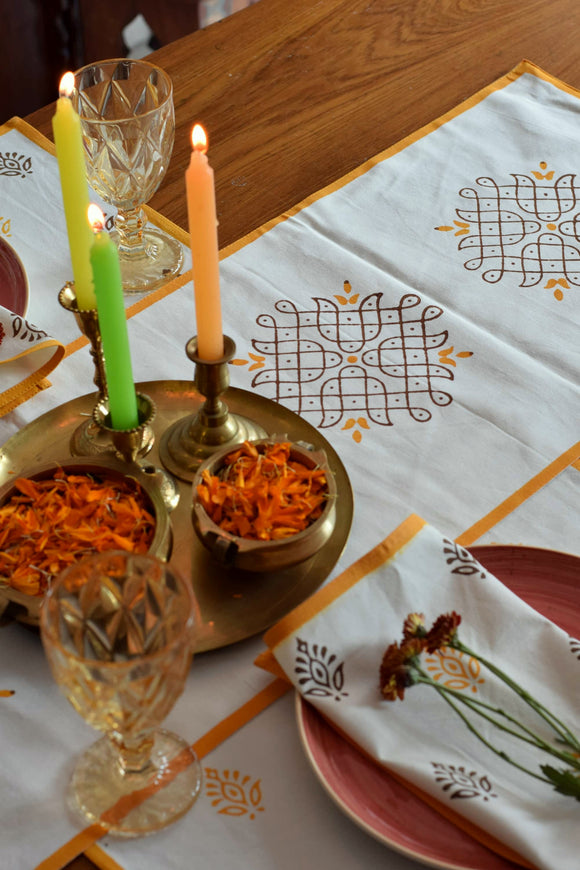 Hand Block Print Kolam Table Runner with Table Mats