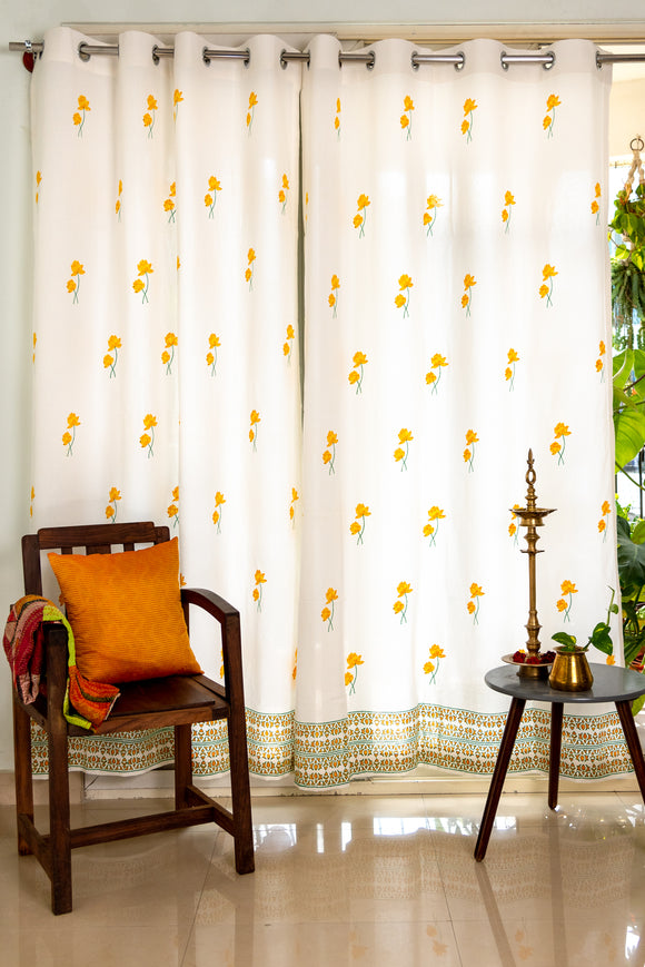 Hand Block Print Yellow Lotus Cotton Curtain - SINGLE