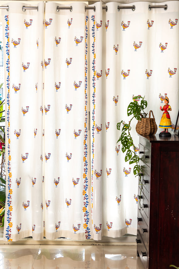 Hand Block Print Kalka Print in Mustard, Indigo and Red Cotton Curtain PREMIUM Fabric