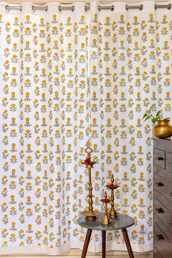 Hand Block Printed Marigold in Mustard & Green