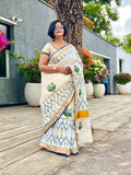 Saree -Kerala Kasavu Saree in Green and Blue Peacock Print