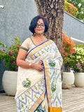 Saree -Kerala Kasavu Saree in Green and Blue Peacock Print