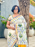 Saree -Kerala Kasavu Saree in Green and Blue Peacock Print