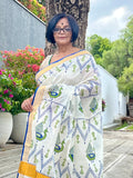 Saree -Kerala Kasavu Saree in Green and Blue Peacock Print