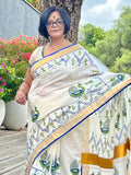 Saree -Kerala Kasavu Saree in Green and Blue Peacock Print