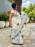 Saree -Kerala Kasavu Saree in Green and Blue Peacock Print