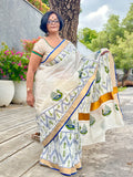 Saree -Kerala Kasavu Saree in Green and Blue Peacock Print