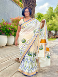 Saree -Kerala Kasavu Saree in Green and Blue Peacock Print