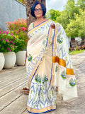 Saree -Kerala Kasavu Saree in Green and Blue Peacock Print