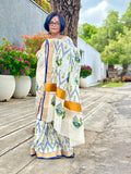 Saree -Kerala Kasavu Saree in Green and Blue Peacock Print
