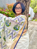 Saree -Kerala Kasavu Saree in Green and Blue Peacock Print