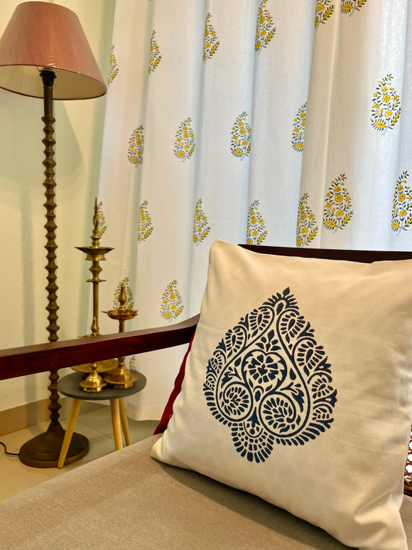 Paan Print Pure Cotton Cushion Cover in Greyish Blue