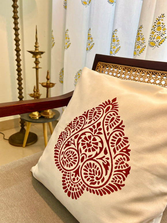 Paan Print Pure Cotton Cushion Cover in Brick Red