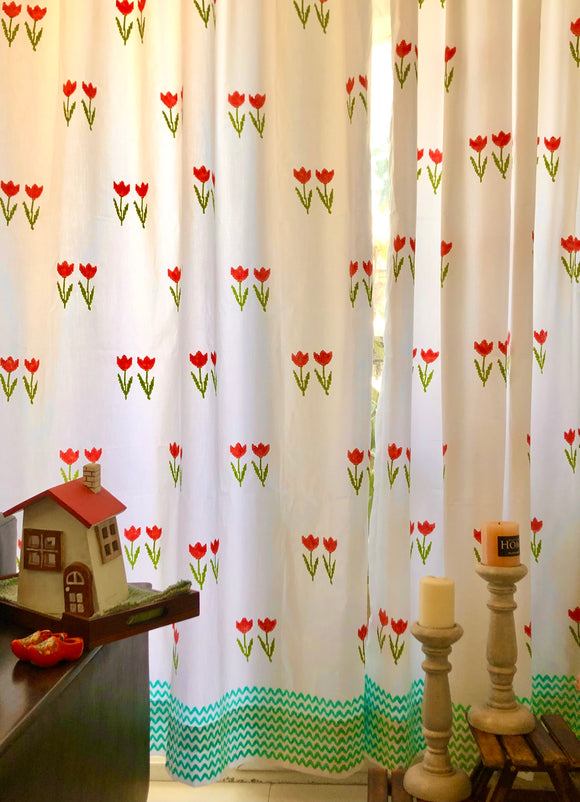 Hand Block Print Tulip Cotton Curtain - Standard-SINGLE piece