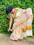 Saree -Kerala Kasavu Saree in Pink and Green Lotus Print