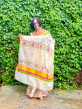 Saree -Kerala Kasavu Saree in Pink and Green Lotus Print