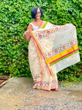Saree -Kerala Kasavu Saree in Pink and Green Lotus Print