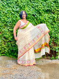 Saree -Kerala Kasavu Saree in Pink and Green Lotus Print