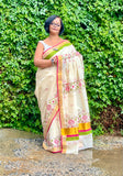 Saree -Kerala Kasavu Saree in Pink and Green Lotus Print