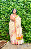 Saree -Kerala Kasavu Saree in Pink and Green Lotus Print