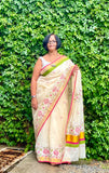 Saree -Kerala Kasavu Saree in Pink and Green Lotus Print