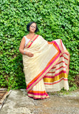 Saree -Kerala Kasavu Saree in Pink and Orange Stripes