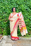 Saree -Kerala Kasavu Saree in Pink and Orange Stripes