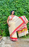 Saree -Kerala Kasavu Saree in Pink and Orange Stripes