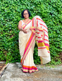 Saree -Kerala Kasavu Saree in Pink and Orange Stripes