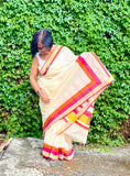 Saree -Kerala Kasavu Saree in Pink and Orange Stripes