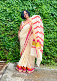 Saree -Kerala Kasavu Saree in Pink and Orange Stripes