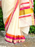 Saree -Kerala Kasavu Saree in Pink and Orange Stripes