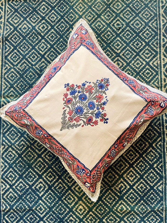 Block Printed Mughal Print Cushion Cover in Pink and Grey
